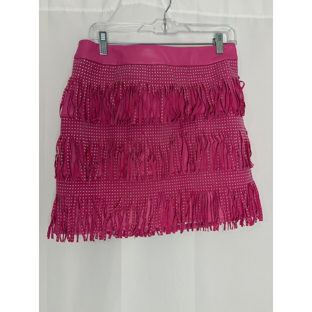 Sincerely Jules Pink Faux Leather Studded Fringe Mini Skirt Size L Hot Pink Edgy